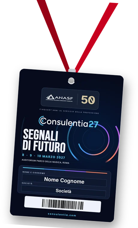 Il badge di partecipazione a Consulentia 2027 appeso al cordino